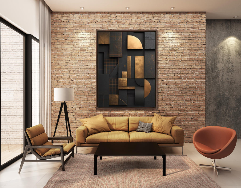 Black and Gold Geometric Canvas Wall Art: Modern Floating Frame - AffinityArts 
