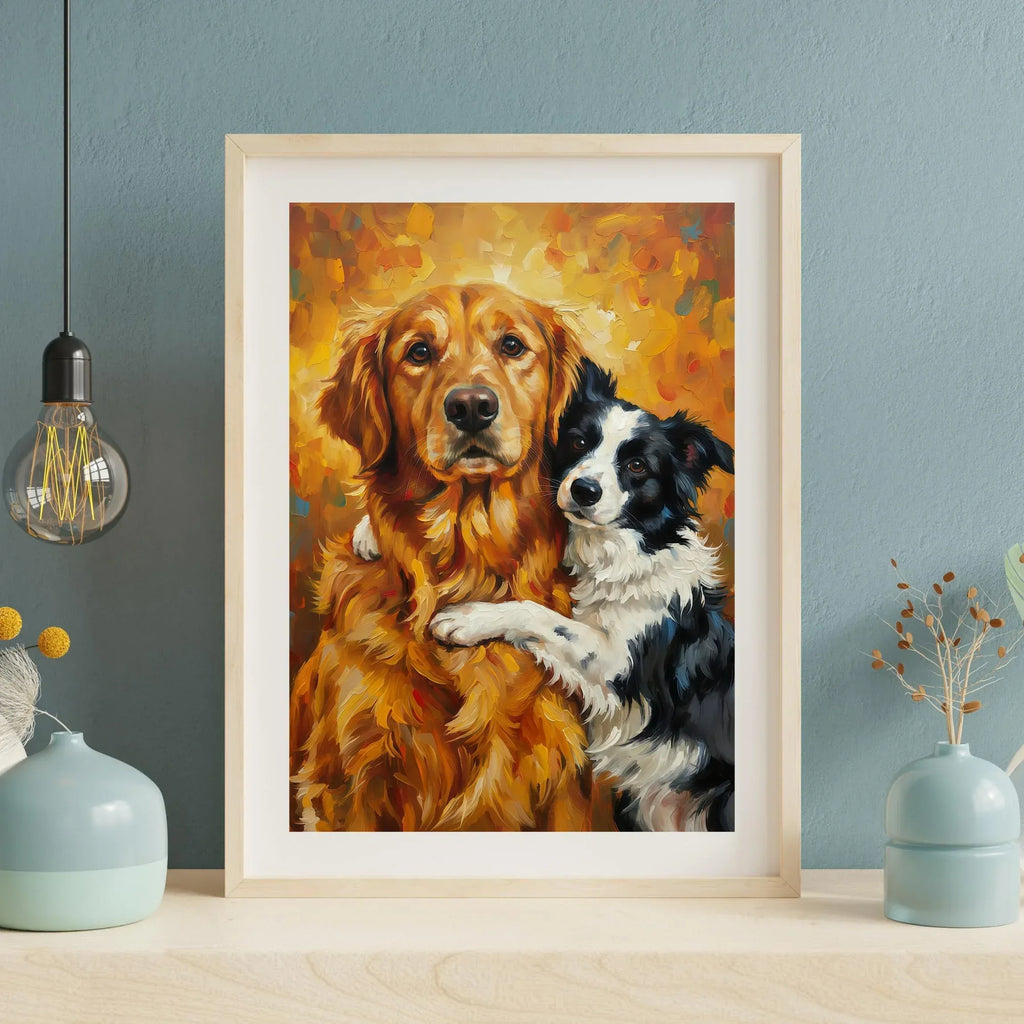 Dog Friendship Art Print | Golden Retriever & Border Collie Hug | Satin Paper Poster - AffinityArts 