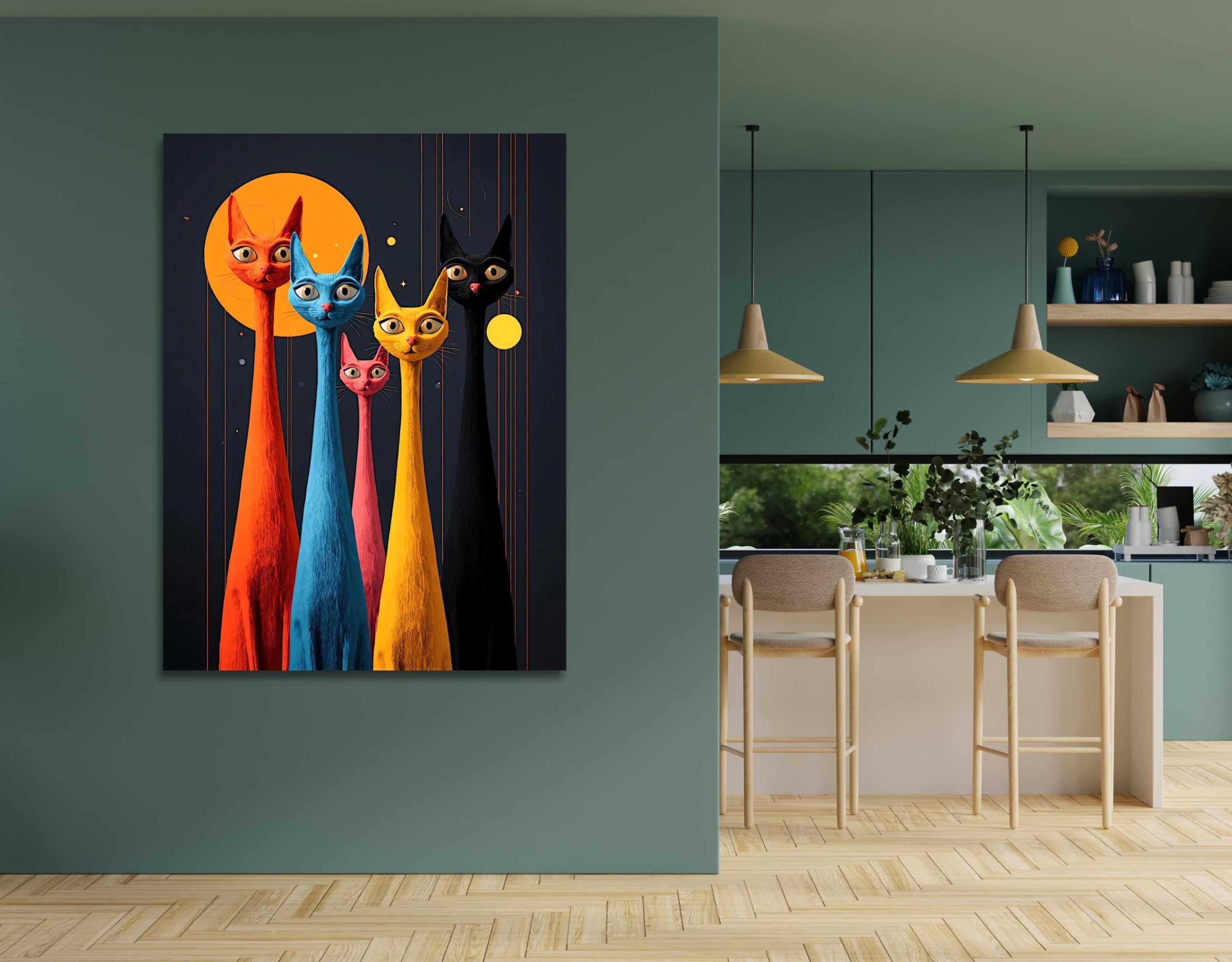 Surreal illustration of elongated cats in bold colors forming a playful group composition in a night scene.