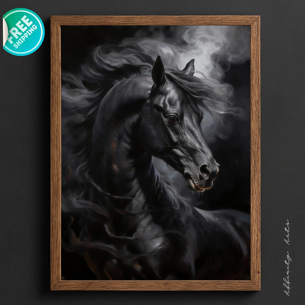A dramatic oil painting of a black horse with flowing mane emerging from dark misty shadows
