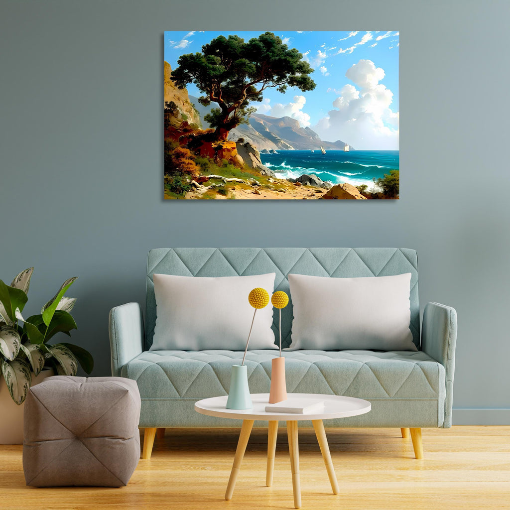Coastal Landscape Canvas Print – Seascape Wall Art with Sailboats & Tree – Ocean Shoreline Decor AffinityArts