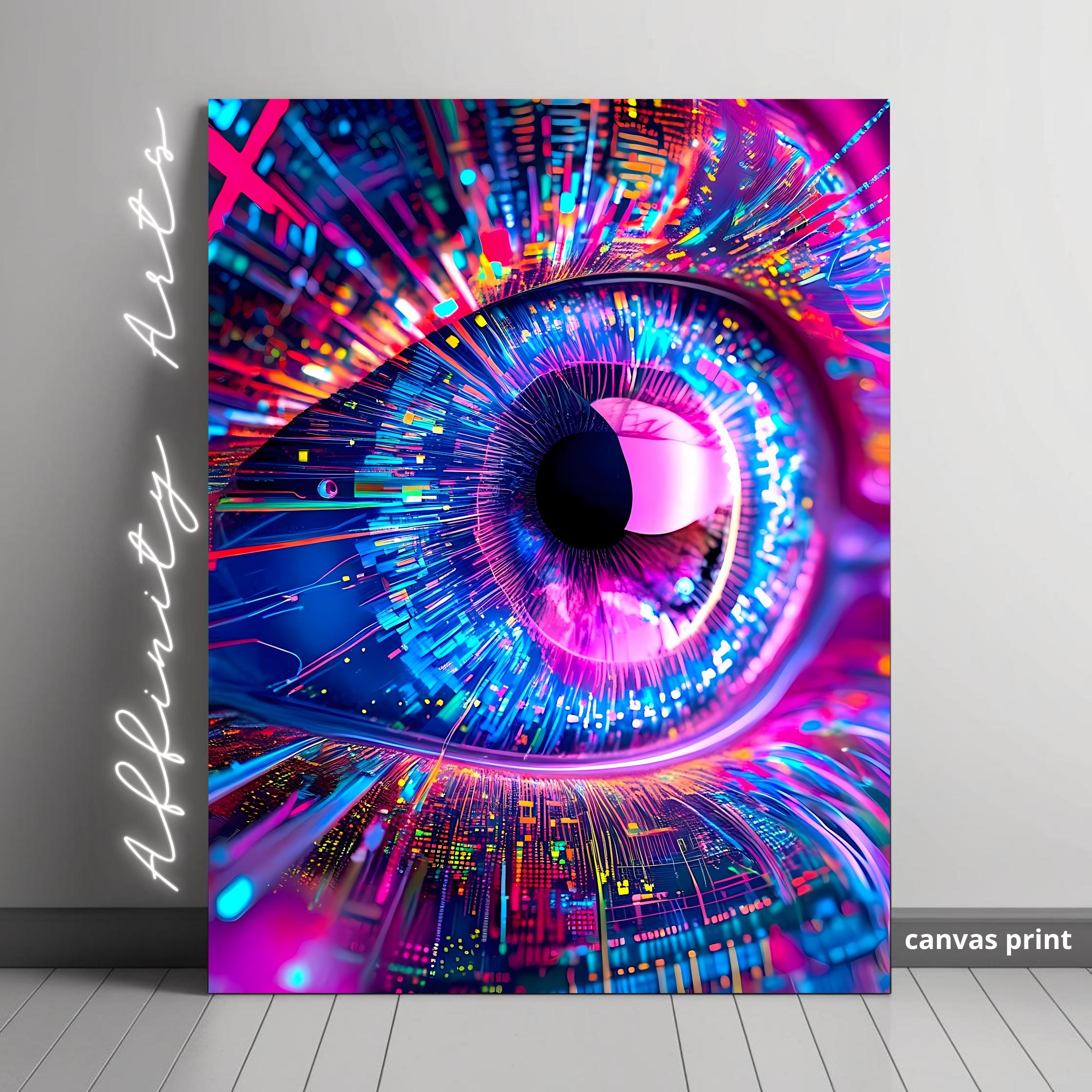 AI Vision Wall Art - Abstract Futuristic Eye Canvas Print in Neon Tech Style