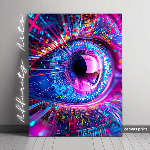 AI Vision Wall Art - Abstract Futuristic Eye Canvas Print in Neon Tech Style