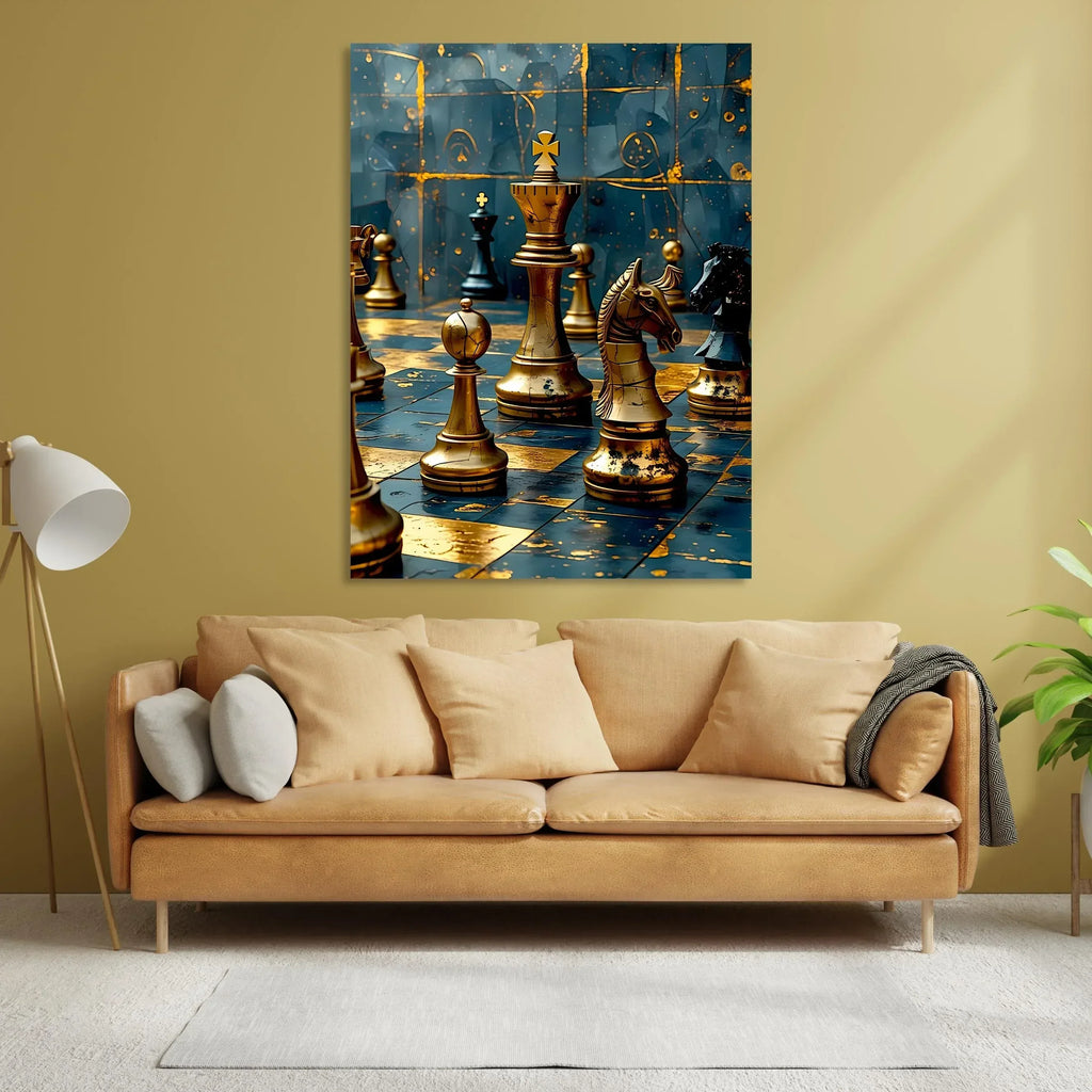 Teal and Gold Chess Canvas Art: Luxury Game Room Decor - AffinityArts 