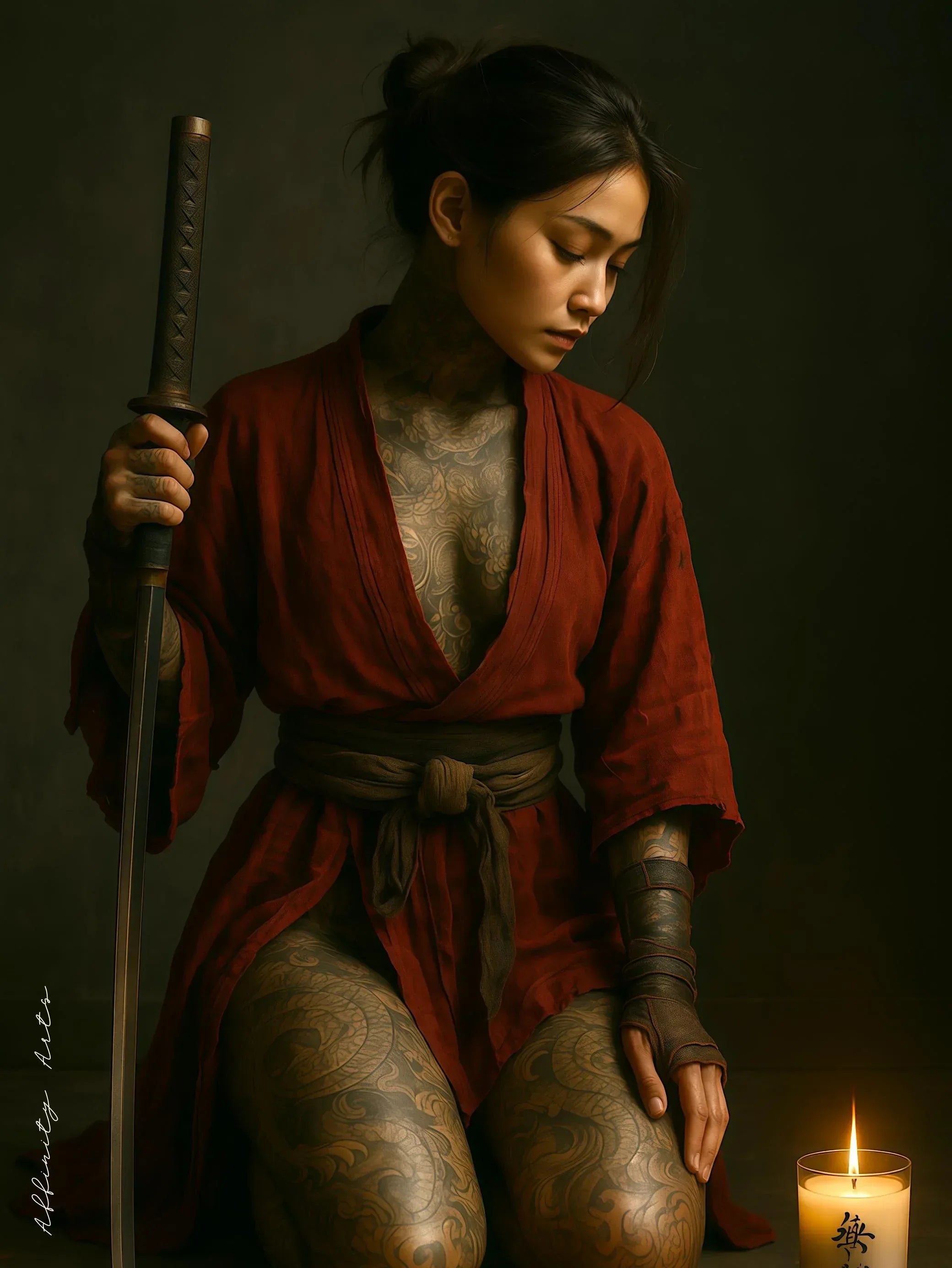 Red Kimono Warrior Poster, Tattooed Female Samurai Wall Art, Premium Paper Print or Digital Download, Multiple Sizes - AffinityArts 