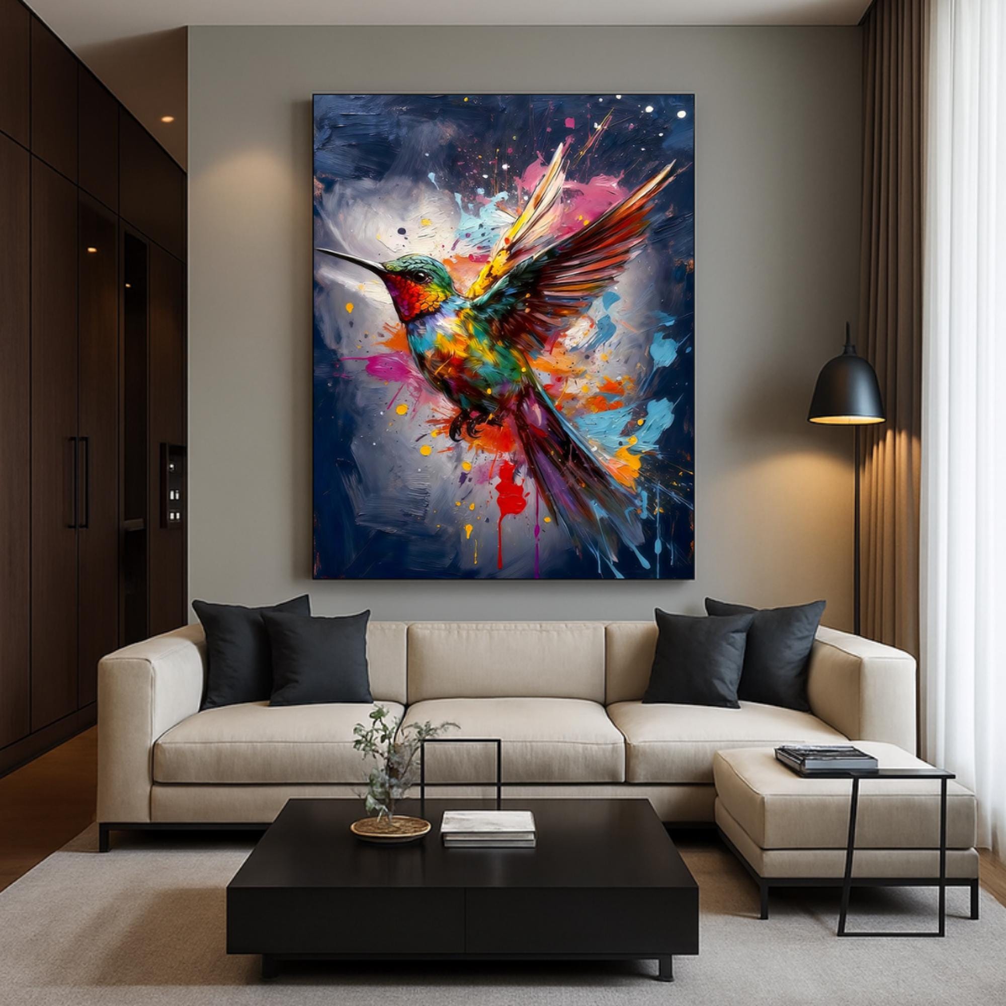 Colorful Hummingbird Wall Art Print, Blue Background, Premium Paper Poster, Canvas Print, Digital Download AffinityArts