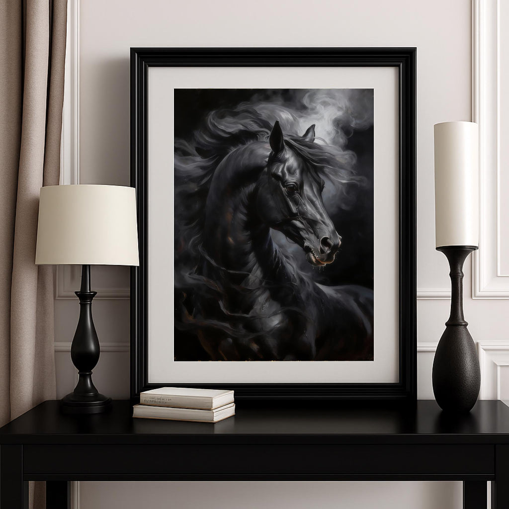 Fantasy artwork of a shadowy black stallion with smoke-like mane and atmospheric depth
