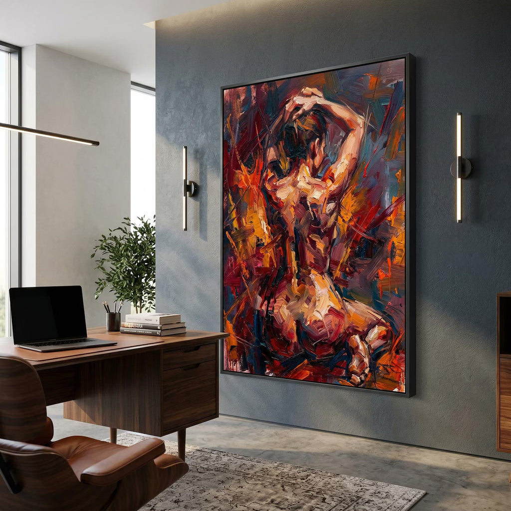 Abstract figure canvas mounted on white gallery wall, bold expressionist art with dramatic visual presence