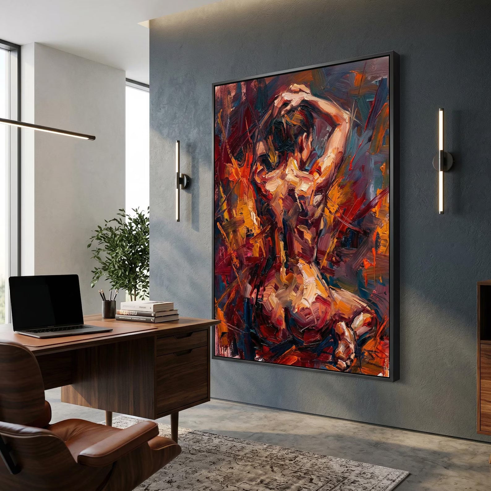 Abstract figure canvas mounted on white gallery wall, bold expressionist art with dramatic visual presence