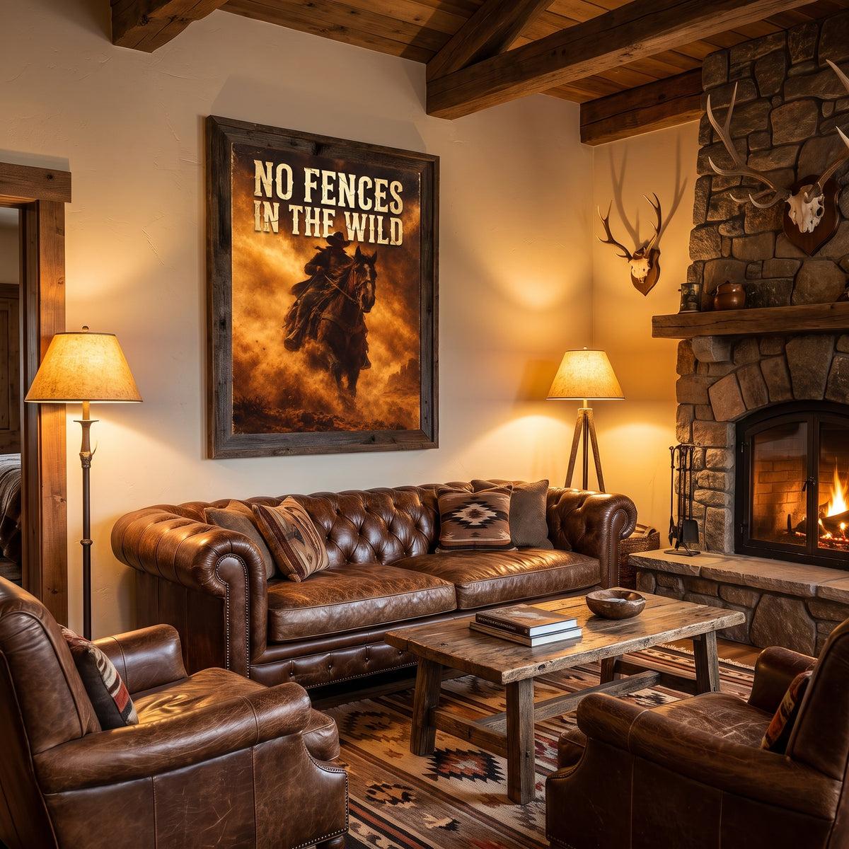Western poster in a rustic living room above a leather sofa, mockup, frame not included