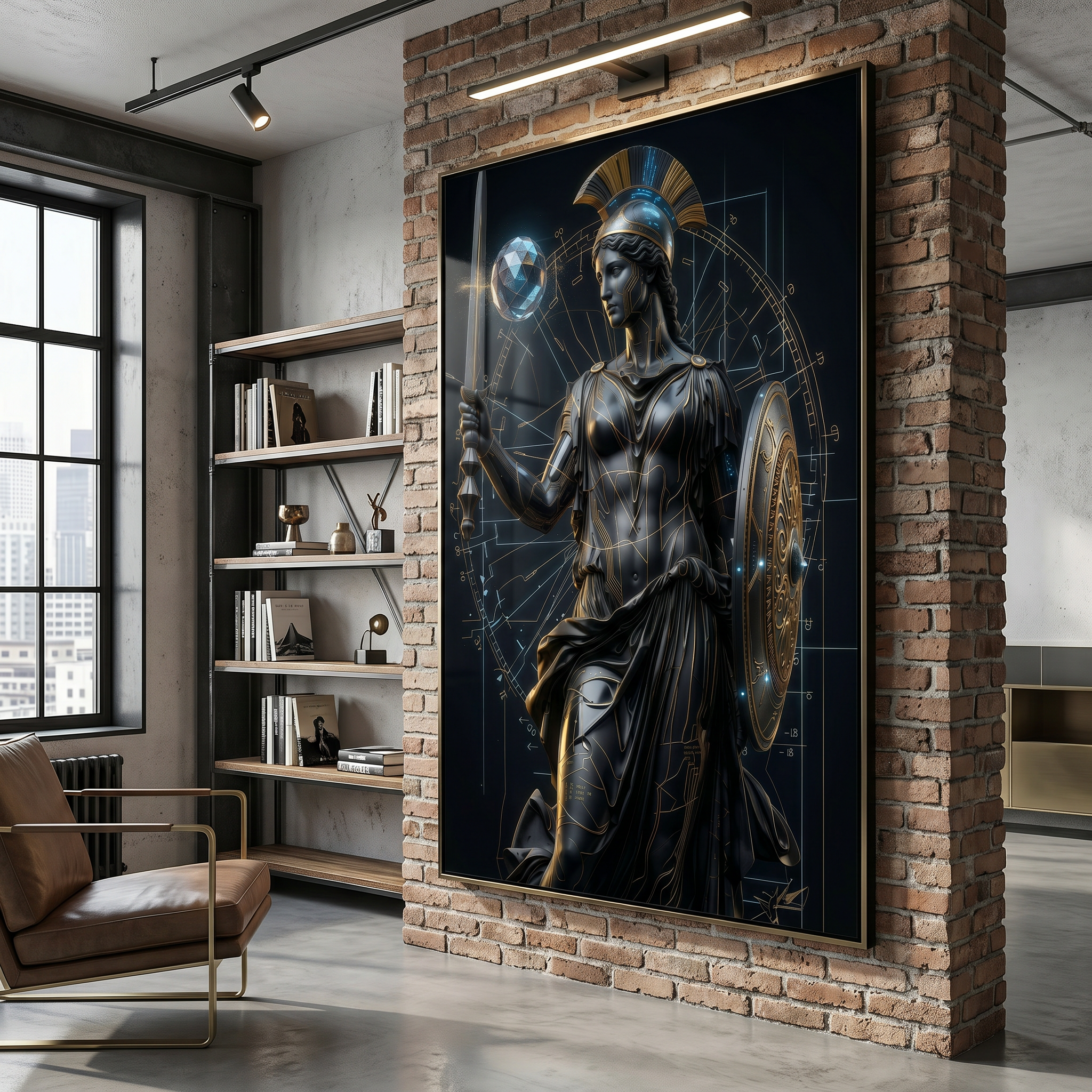 powerful athena wall art bringing focus and strength into a modern dark office