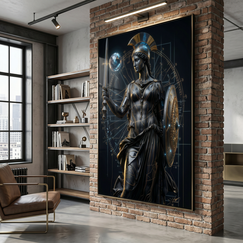 powerful athena wall art bringing focus and strength into a modern dark office