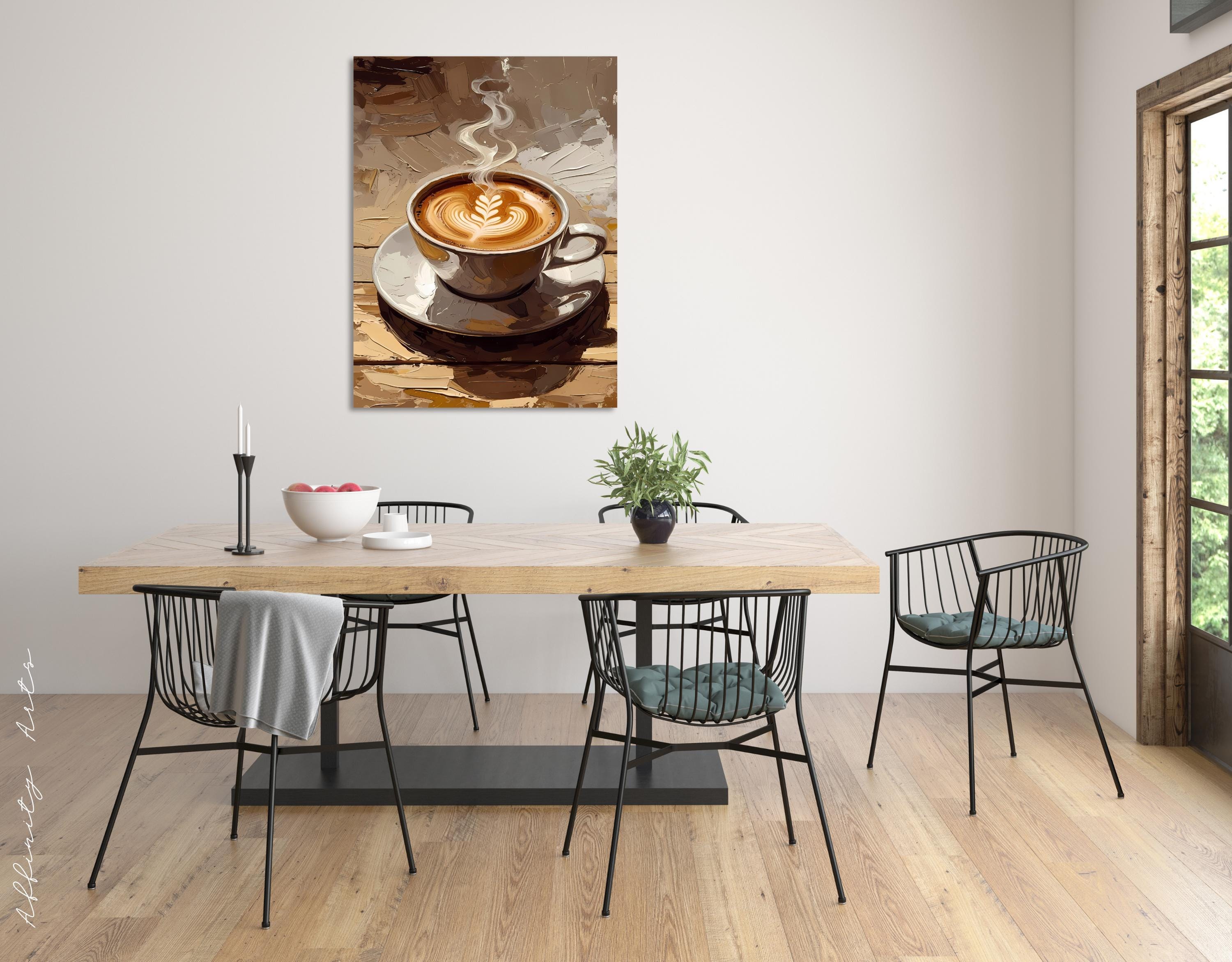 Stylish coffee cup with leaf latte art and rising steam, depicted in a soft abstract painting.