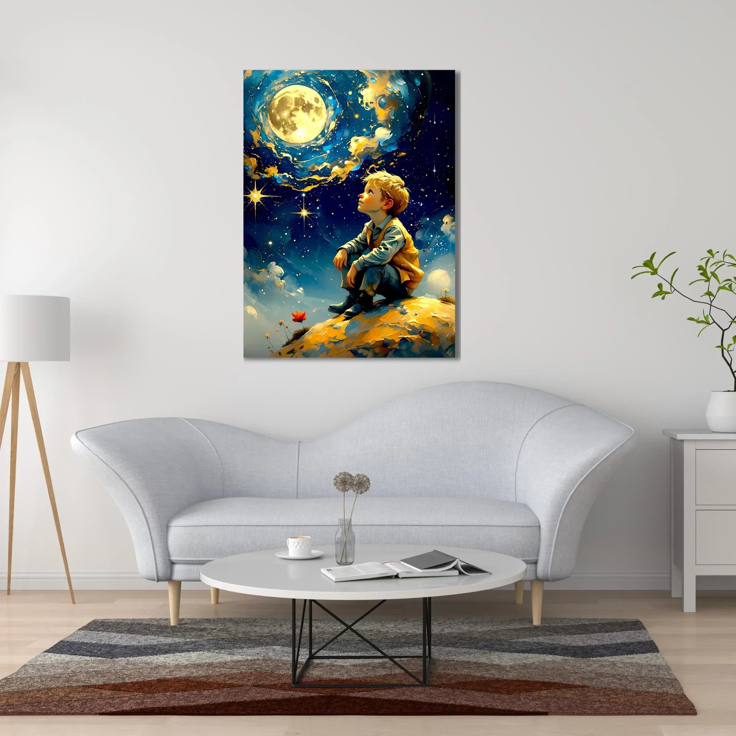 Fantasy Moon Wall Art – Dreamy Boy Under Starry Sky Canvas Print - AffinityArts 