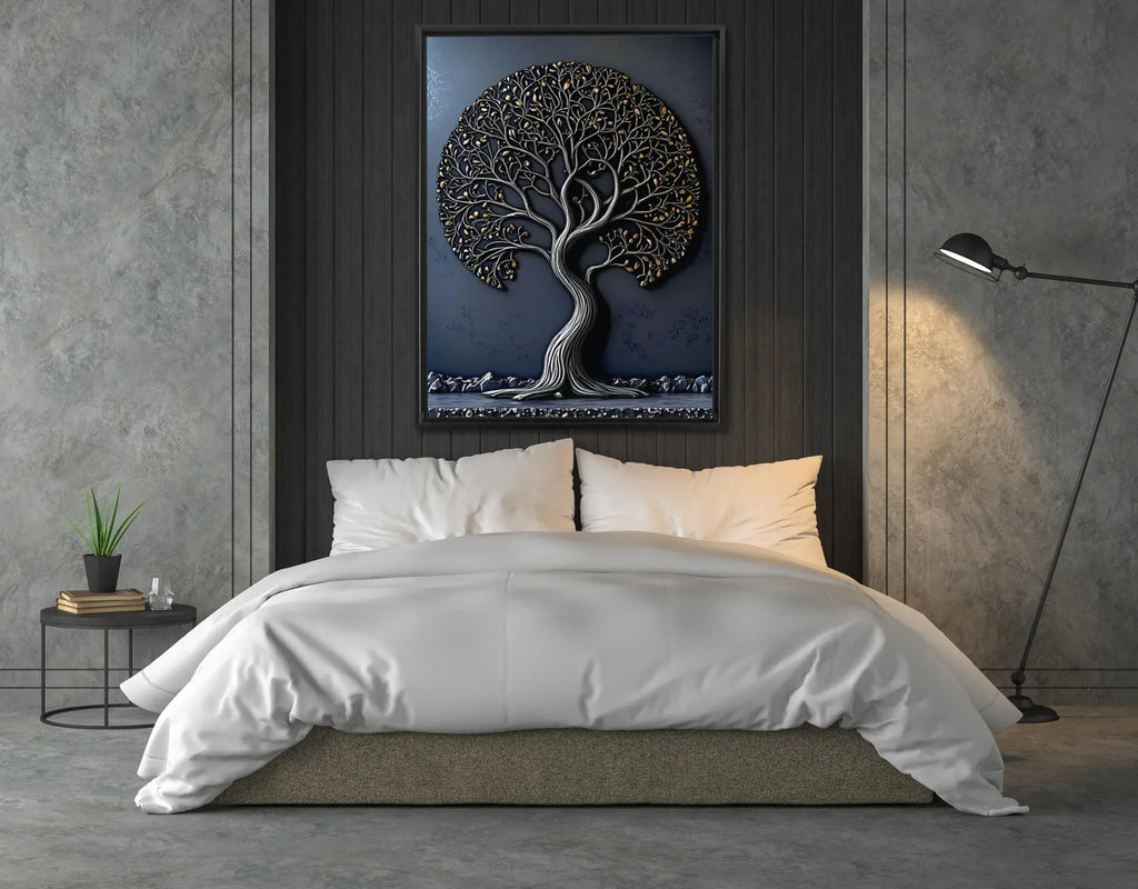 Tree of Life Canvas Art: Gold & Silver Metal Effect, Floating Frame - AffinityArts 