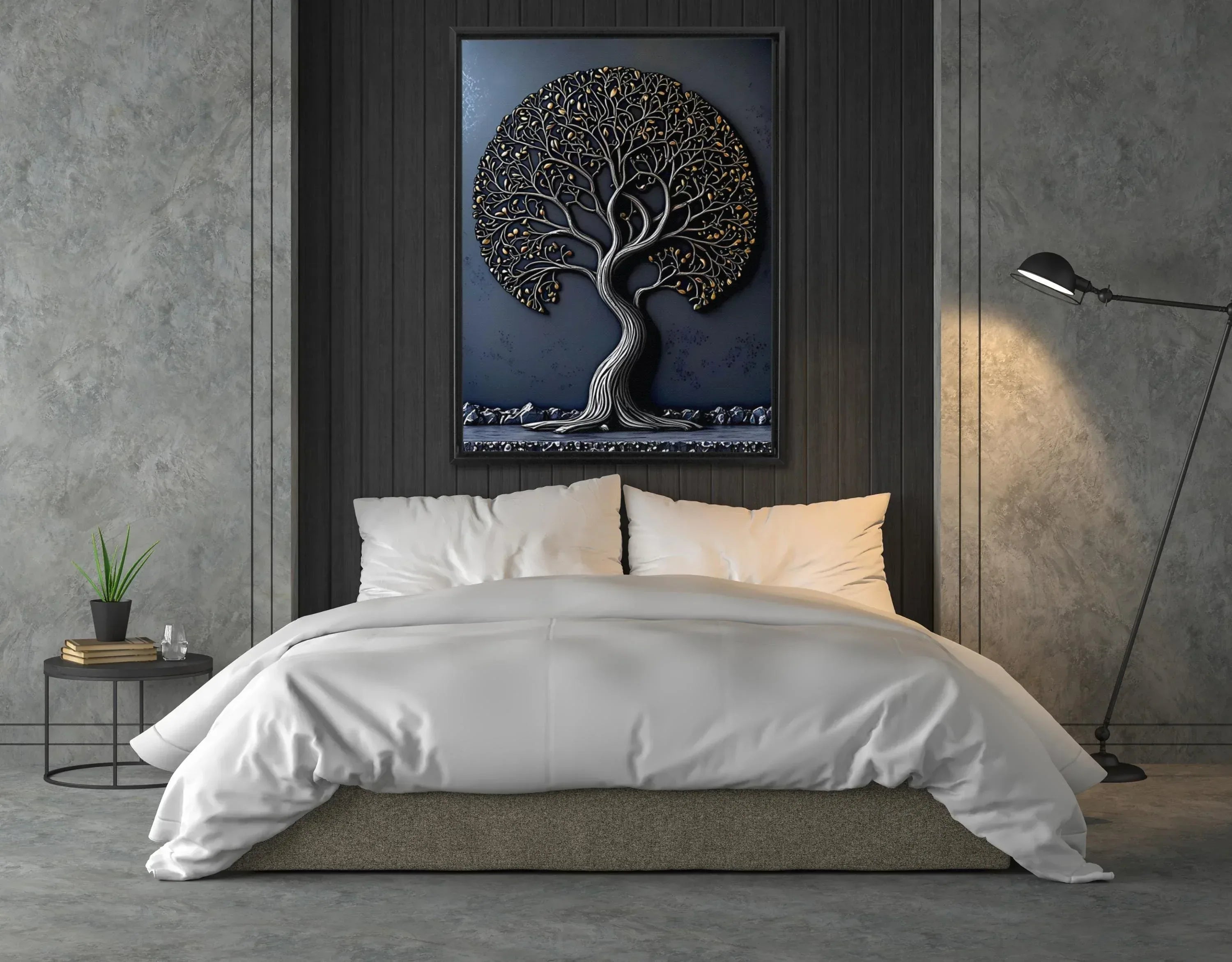 Tree of Life Canvas Art: Gold & Silver Metal Effect, Floating Frame - AffinityArts 