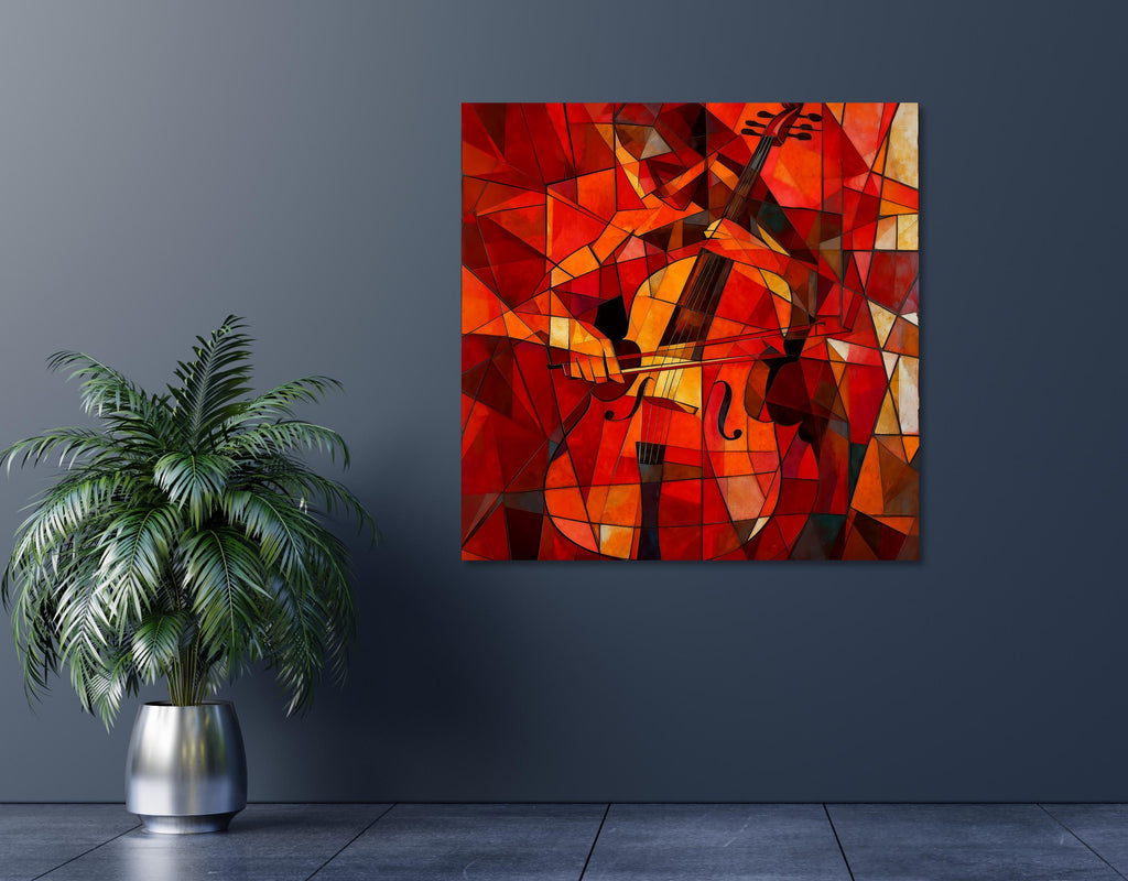 Cubism Cello Canvas Wall Art | Red Orange Abstract Music Painting | Wooden stretcher frame AffinityArts