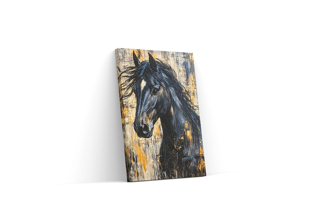 Expressive close-up of a fierce black stallion, eyes locked on viewer, mane in motion, surrounded by artistic gold streaks and textured beige haze.
