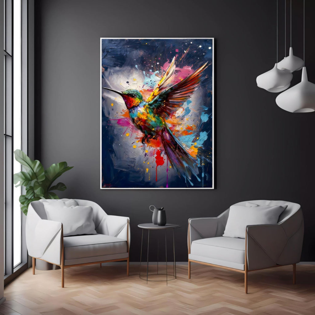 Colorful Hummingbird Wall Art Print, Blue Background, Premium Paper Poster, Canvas Print, Digital Download AffinityArts
