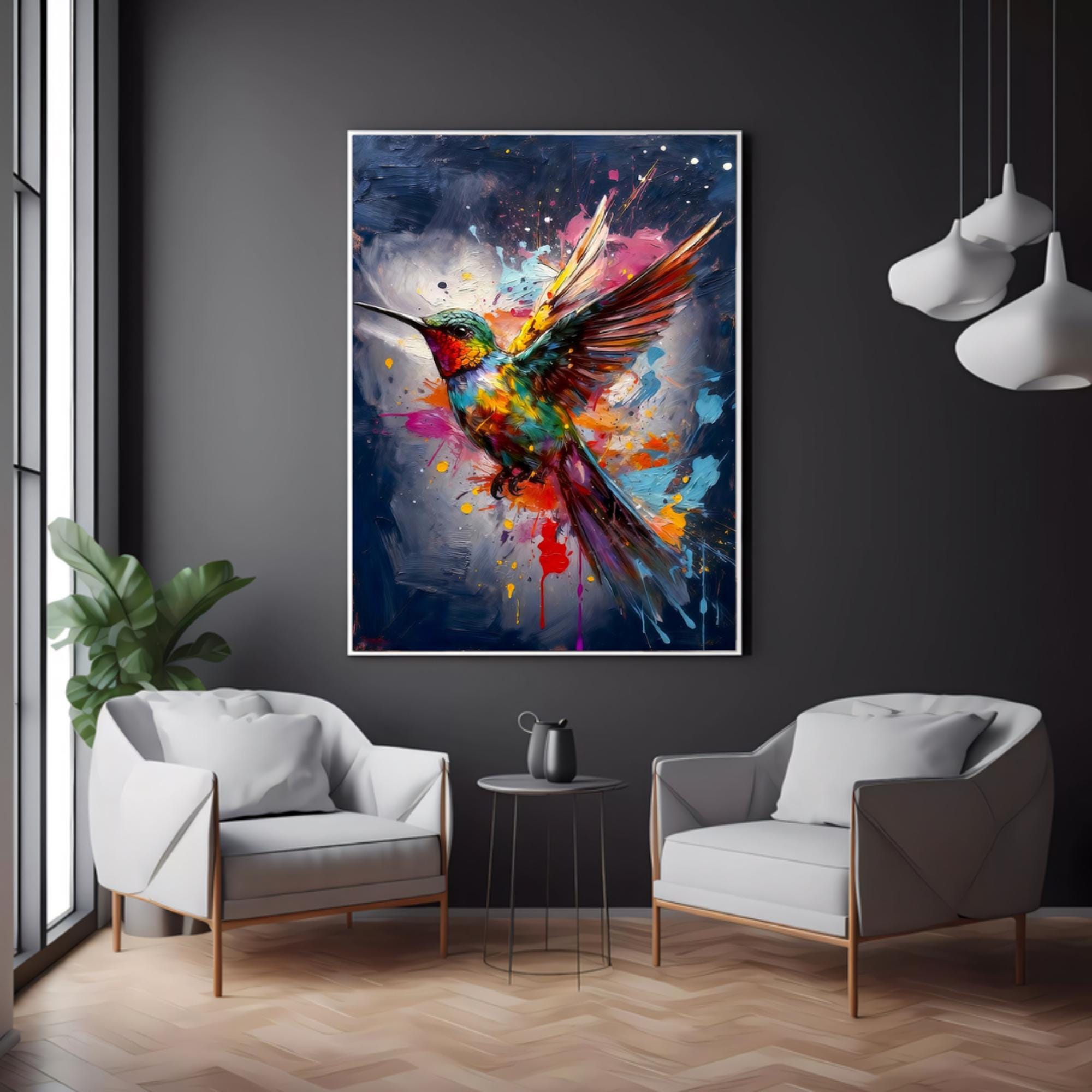 Colorful Hummingbird Wall Art Print, Blue Background, Premium Paper Poster, Canvas Print, Digital Download AffinityArts