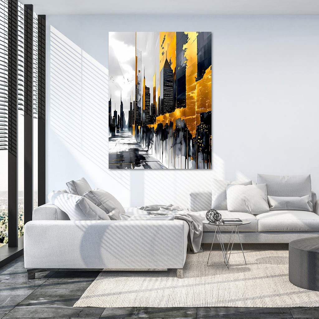Luxury Urban Wall Art – Gold Drip Abstract Skyline Canvas Print - AffinityArts 