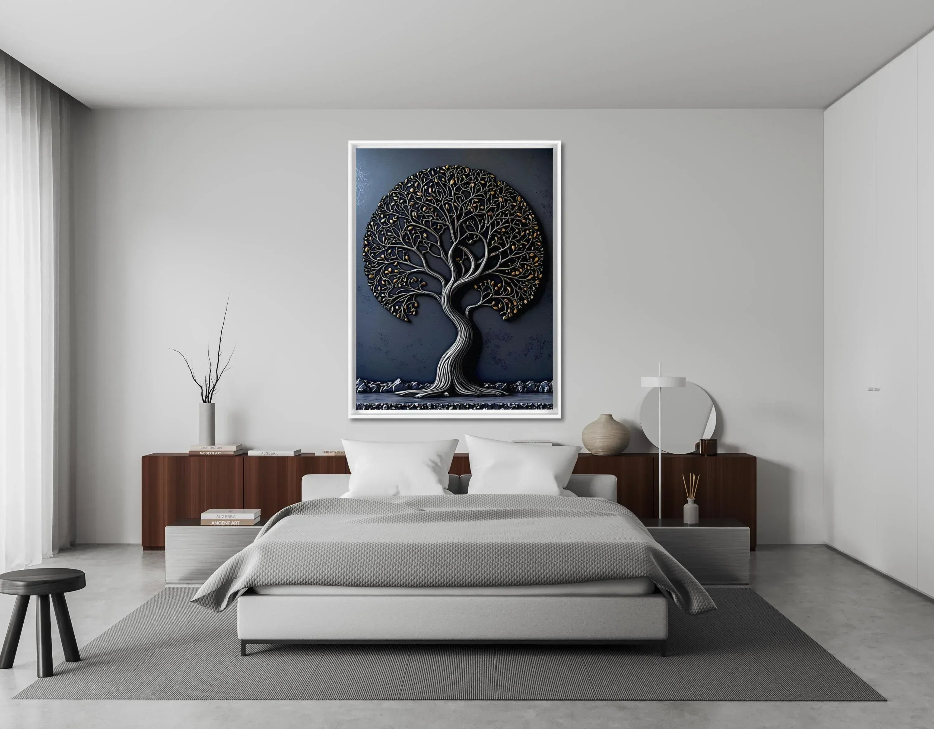 Tree of Life Canvas Art: Gold & Silver Metal Effect, Floating Frame - AffinityArts 