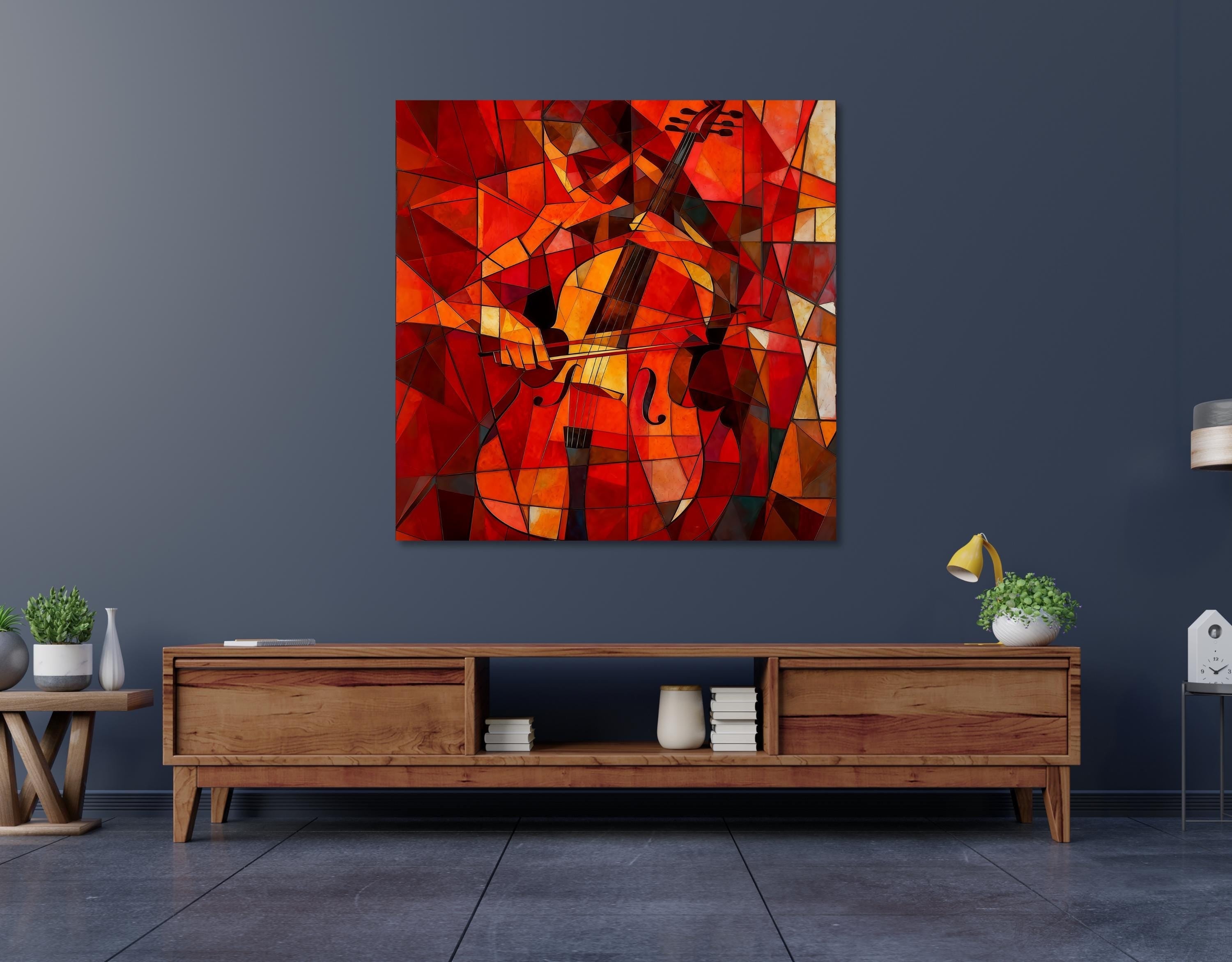 Cubism Cello Canvas Wall Art | Red Orange Abstract Music Painting | Wooden stretcher frame AffinityArts