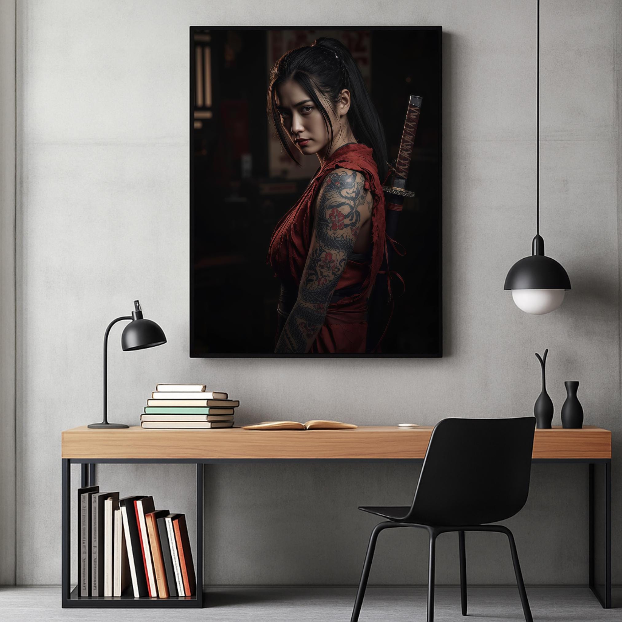 Samurai Woman Poster, Tattooed Female Warrior Wall Art, Japanese Style Print, Premium Paper, Digital Download Available AffinityArts