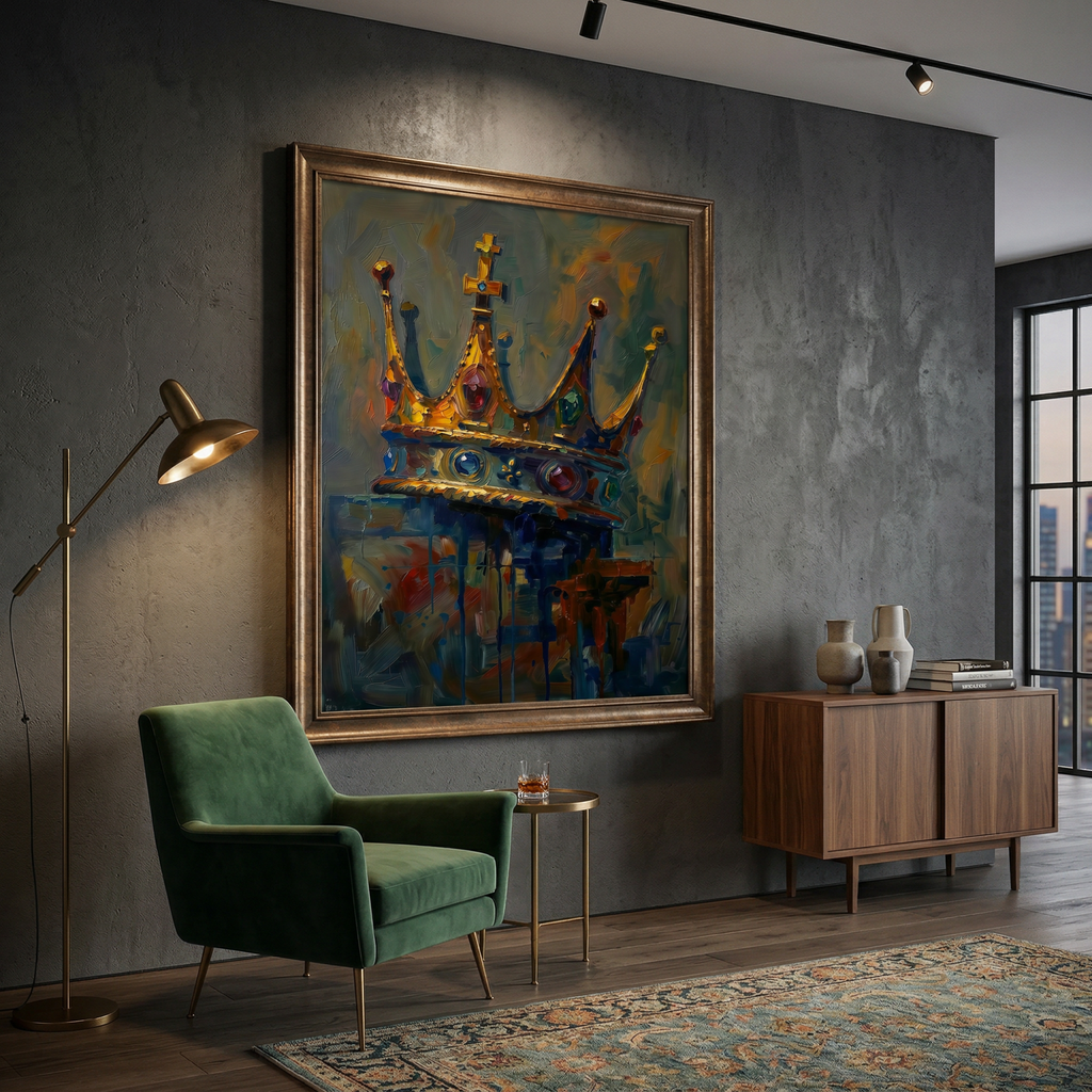 Expressive oil painting of a royal crown with colorful gemstones in blue, red and green