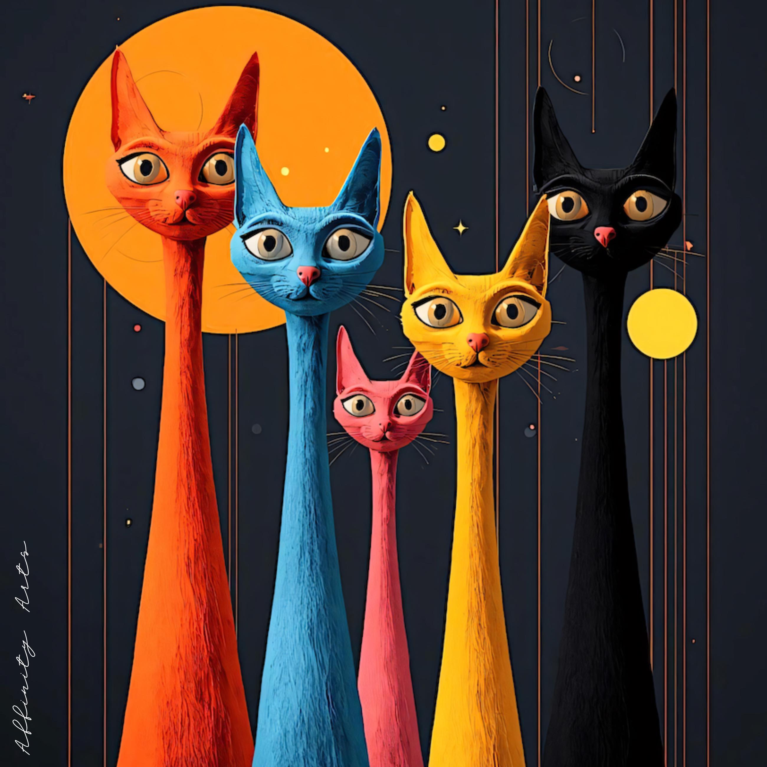 Five stylized cats with extremely long necks in red, blue, pink, yellow, and black standing against a night sky with a bright moon.