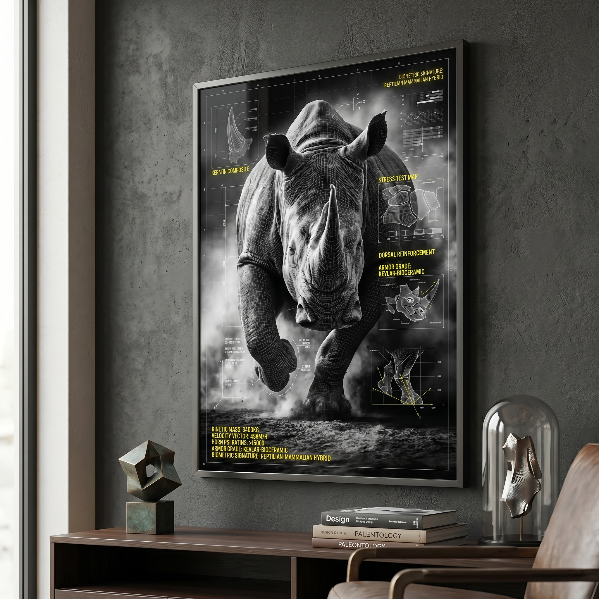 Charging rhino blueprint poster — wireframe anatomy, yellow engineering data, black and white animal wall art