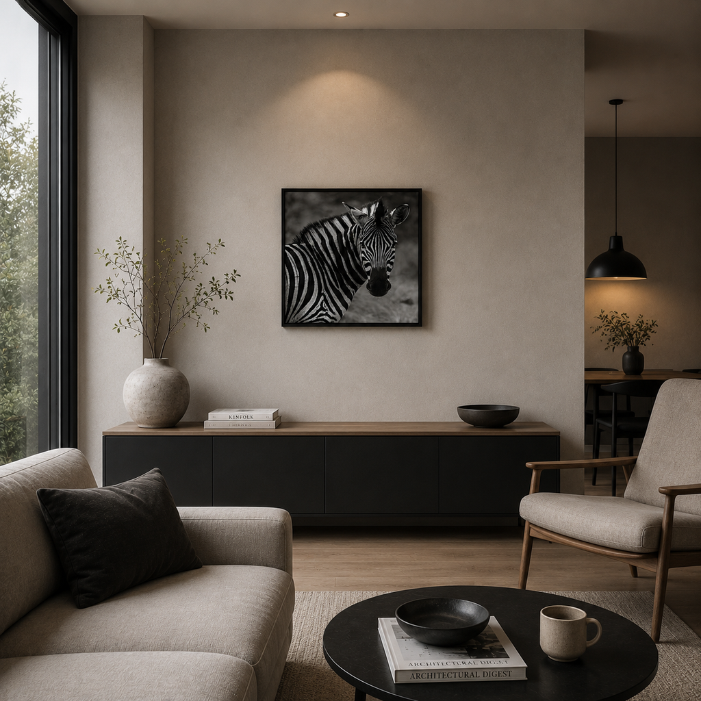 Black And White Zebra Print – Bold Animal Portrait Poster for Modern Home Decor