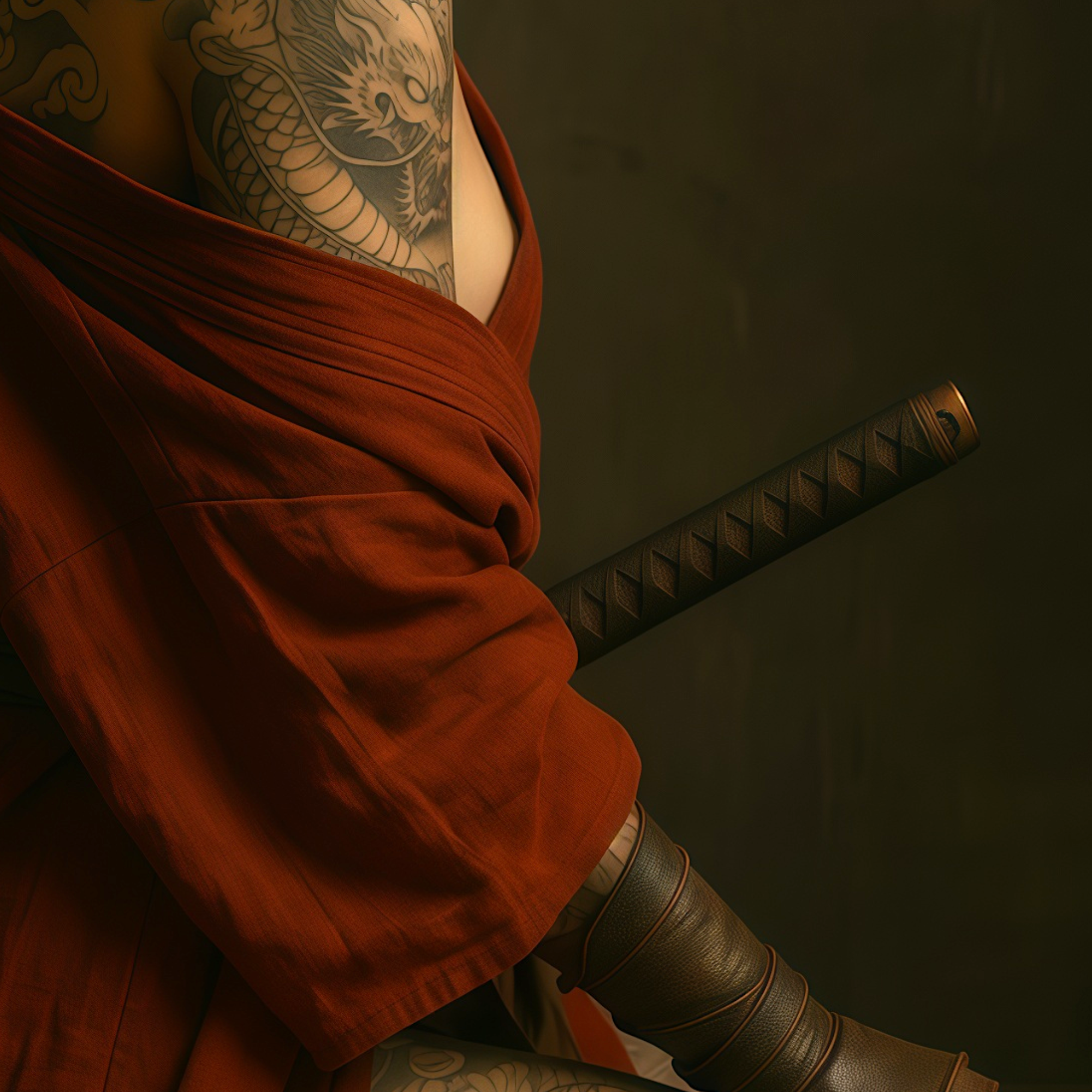 The sword rests, the hand is still — samurai art print where restraint reads louder than action