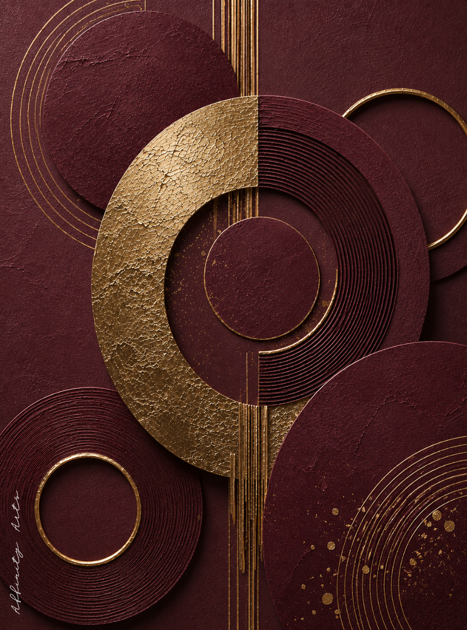 Burgundy canvas print faux gold texture wall art gallery wrap, jewel-tone ring design for rich statement décor.