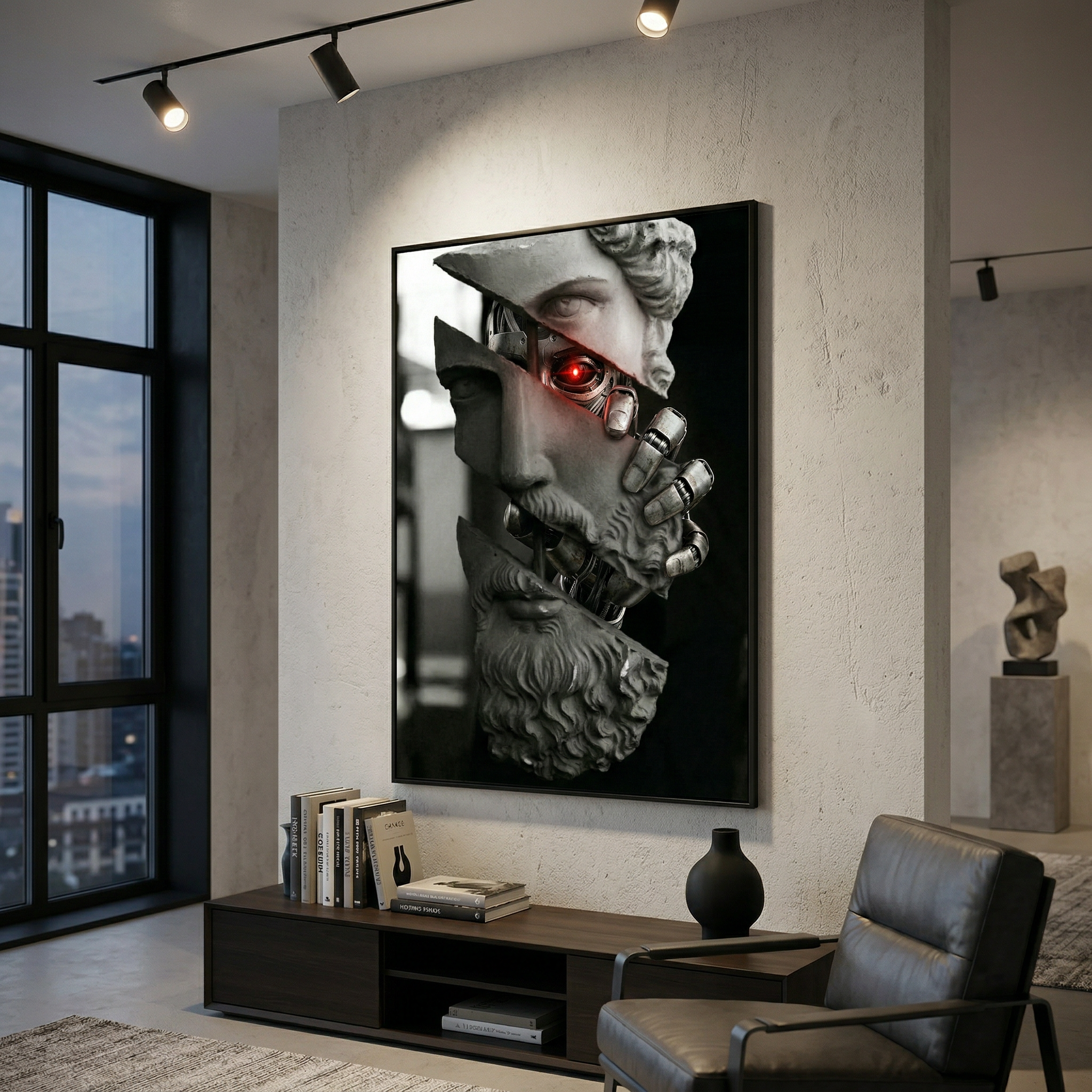 Living room wall art — greek statue cyberpunk decor canvas print, large moody wall art,