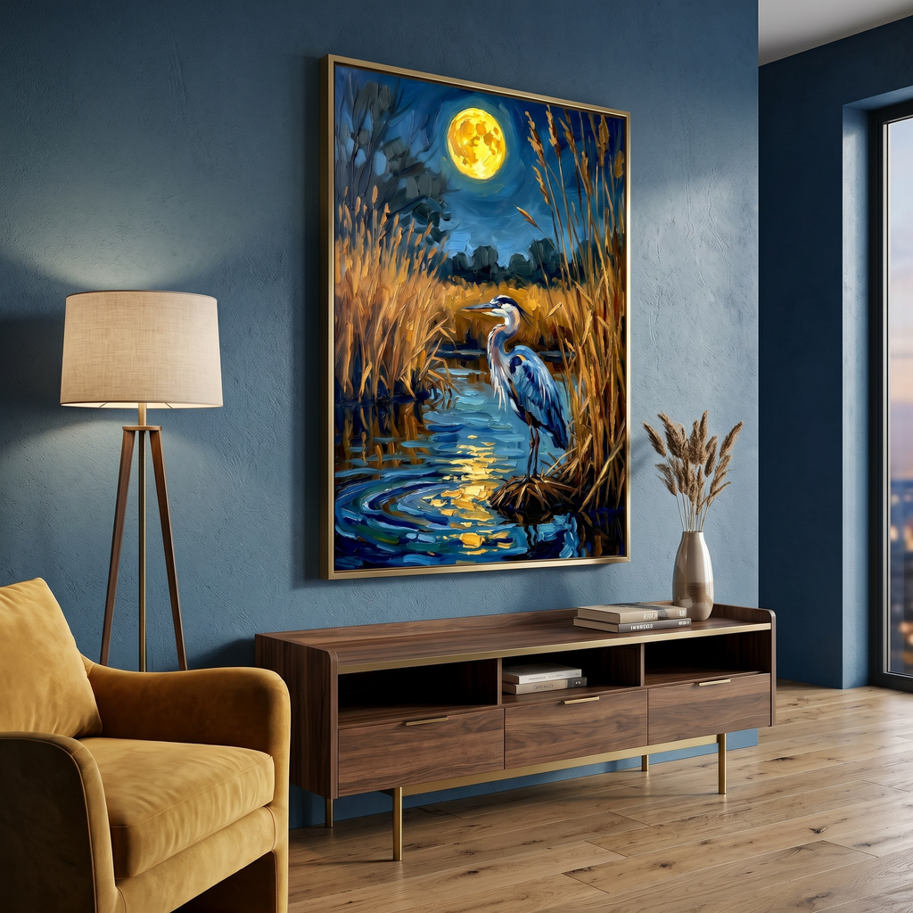 Great blue heron standing still in moonlit reeds — a blue heron print that holds the quiet of an autumn night.