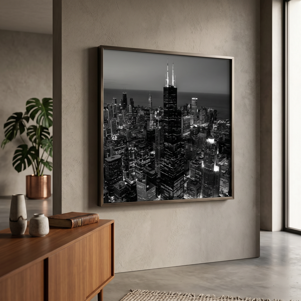 Stunning aerial view of Chicago skyscrapers at night in dramatic black and white tones
