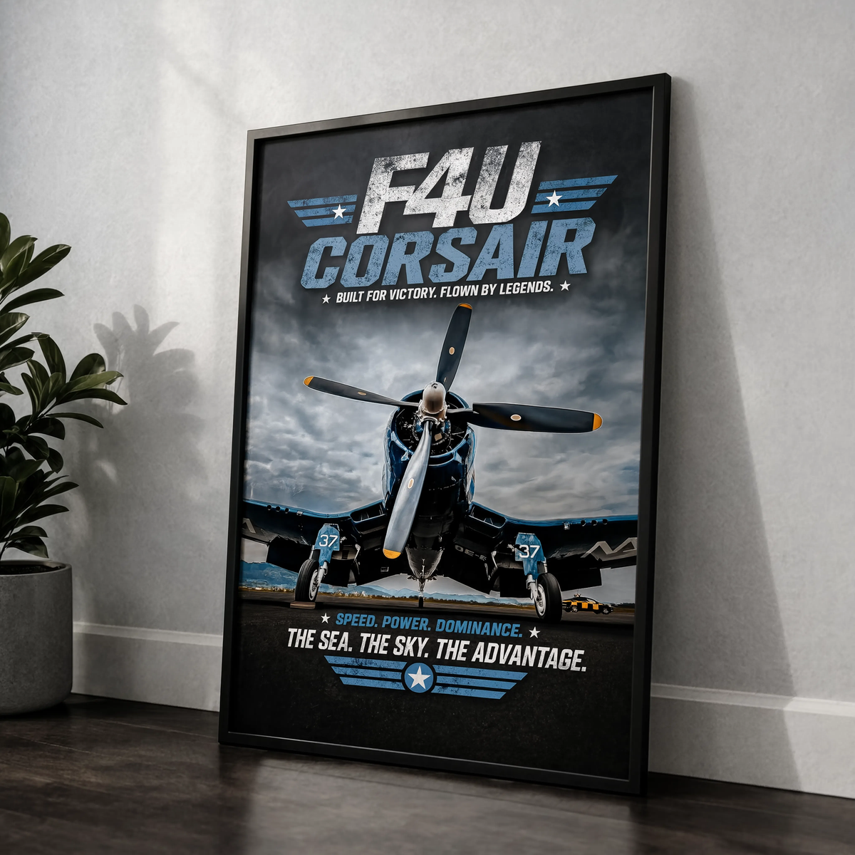 F4U Corsair poster hanging in man cave wall art display