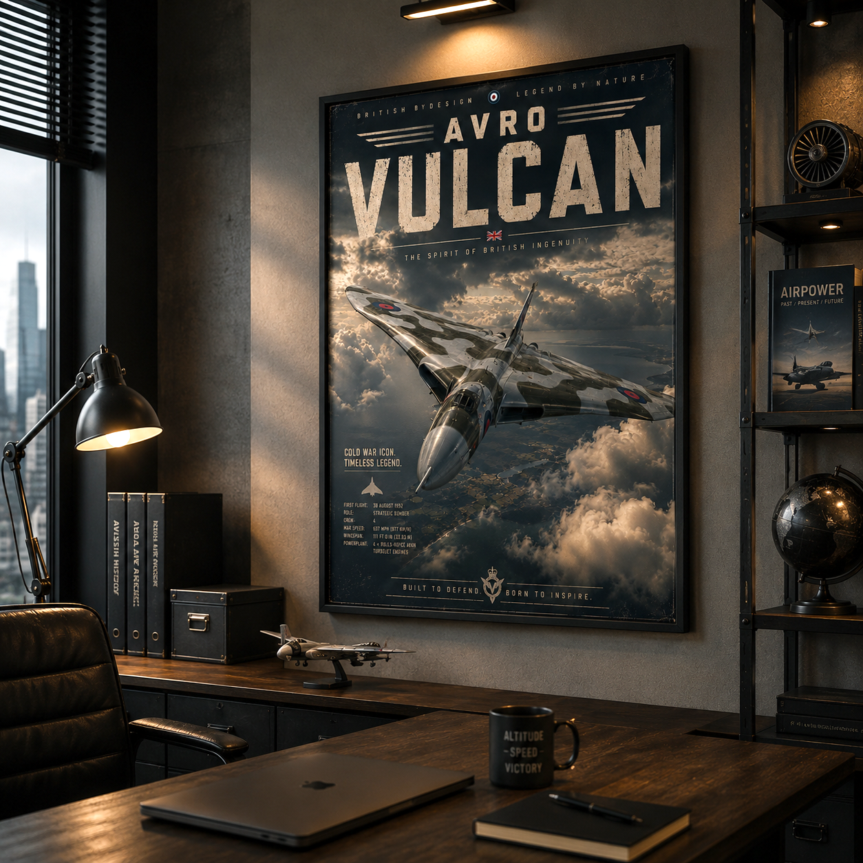 Vulcan bomber print anchoring a moody, heritage-inspired room