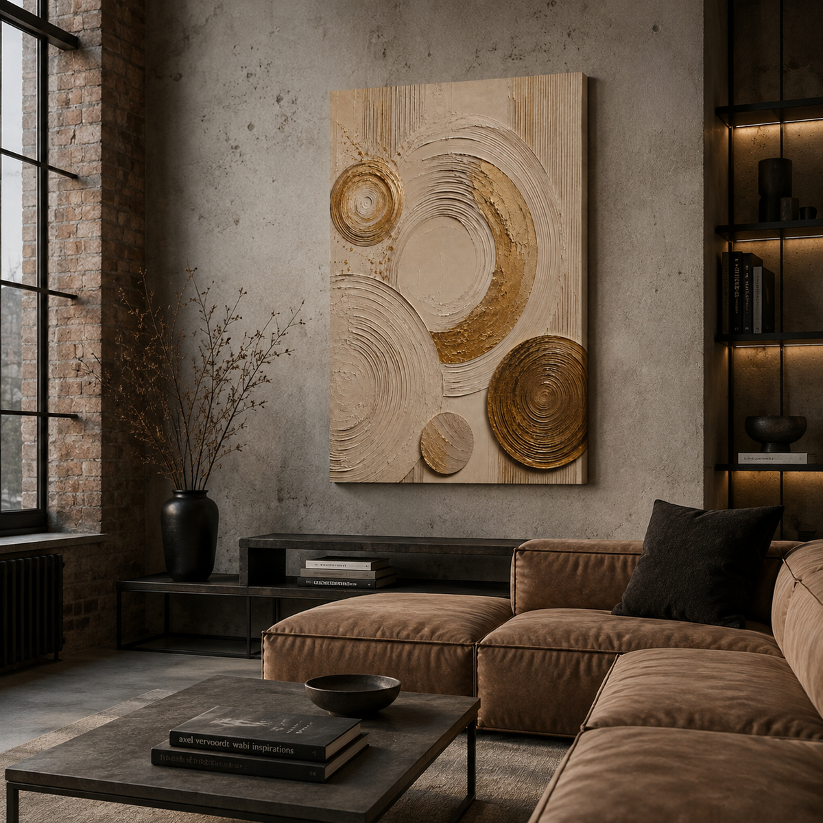 Cream canvas print faux texture wall art gallery wrap, soft gold splatter abstract circles for neutral home décor.