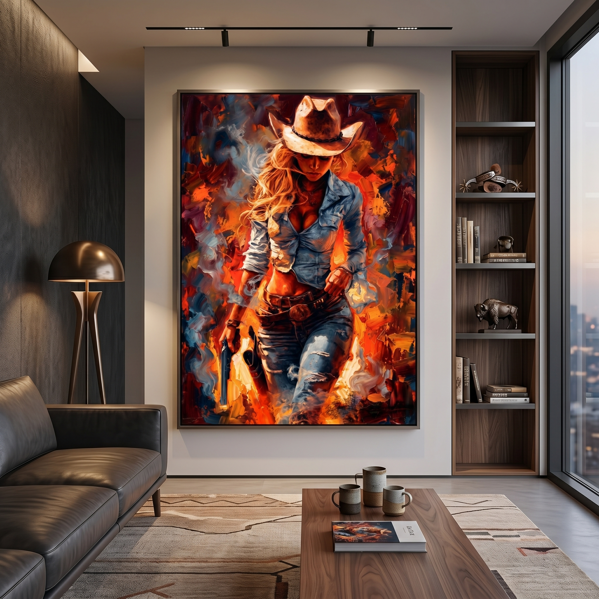 The moment before everything changes — western cowgirl art print, fire and smoke, raw energy
