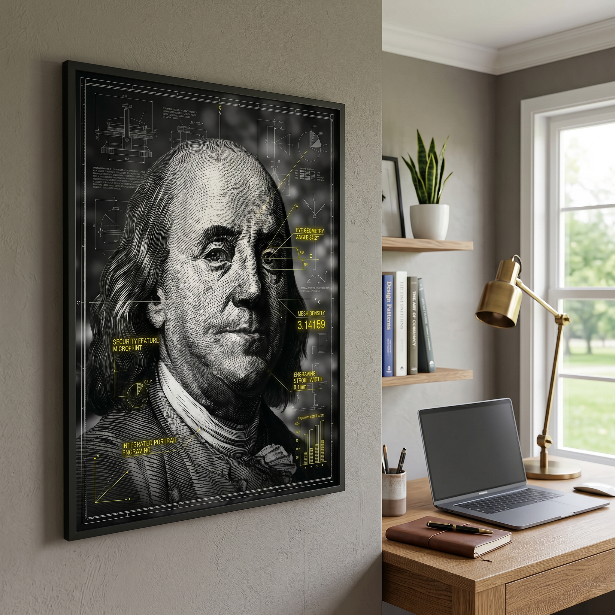 Blueprint Franklin print in man cave – dark academia office art, engraving portrait poster on grey wall