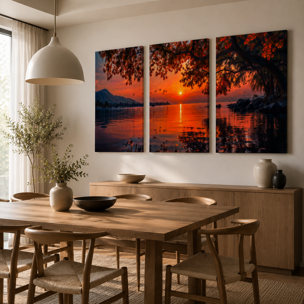 Sunset lake triptych canvas wall art, autumn mountain landscape print, 3 piece set for living room