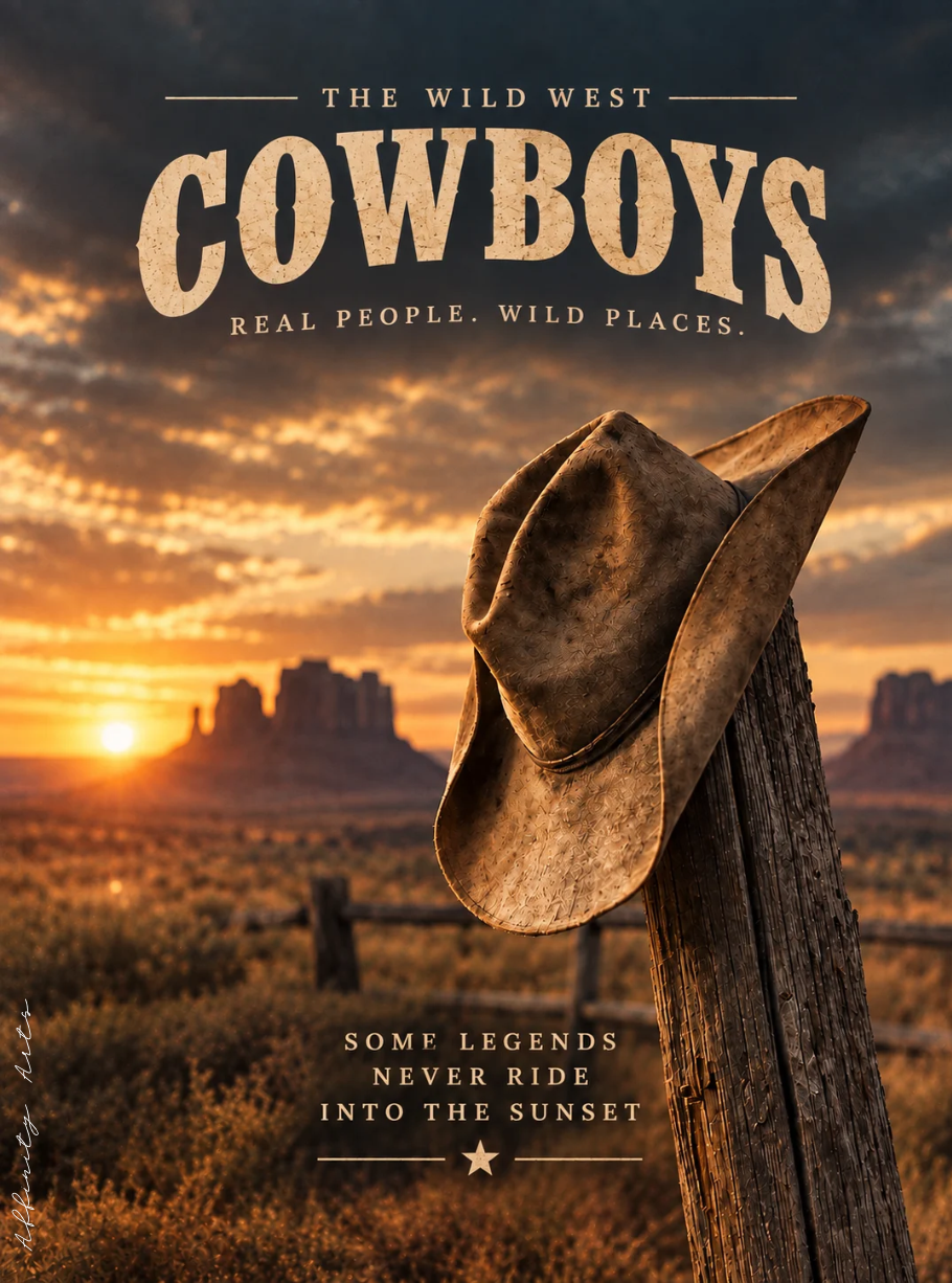 Western art print of a weathered cowboy hat against Monument Valley style buttes