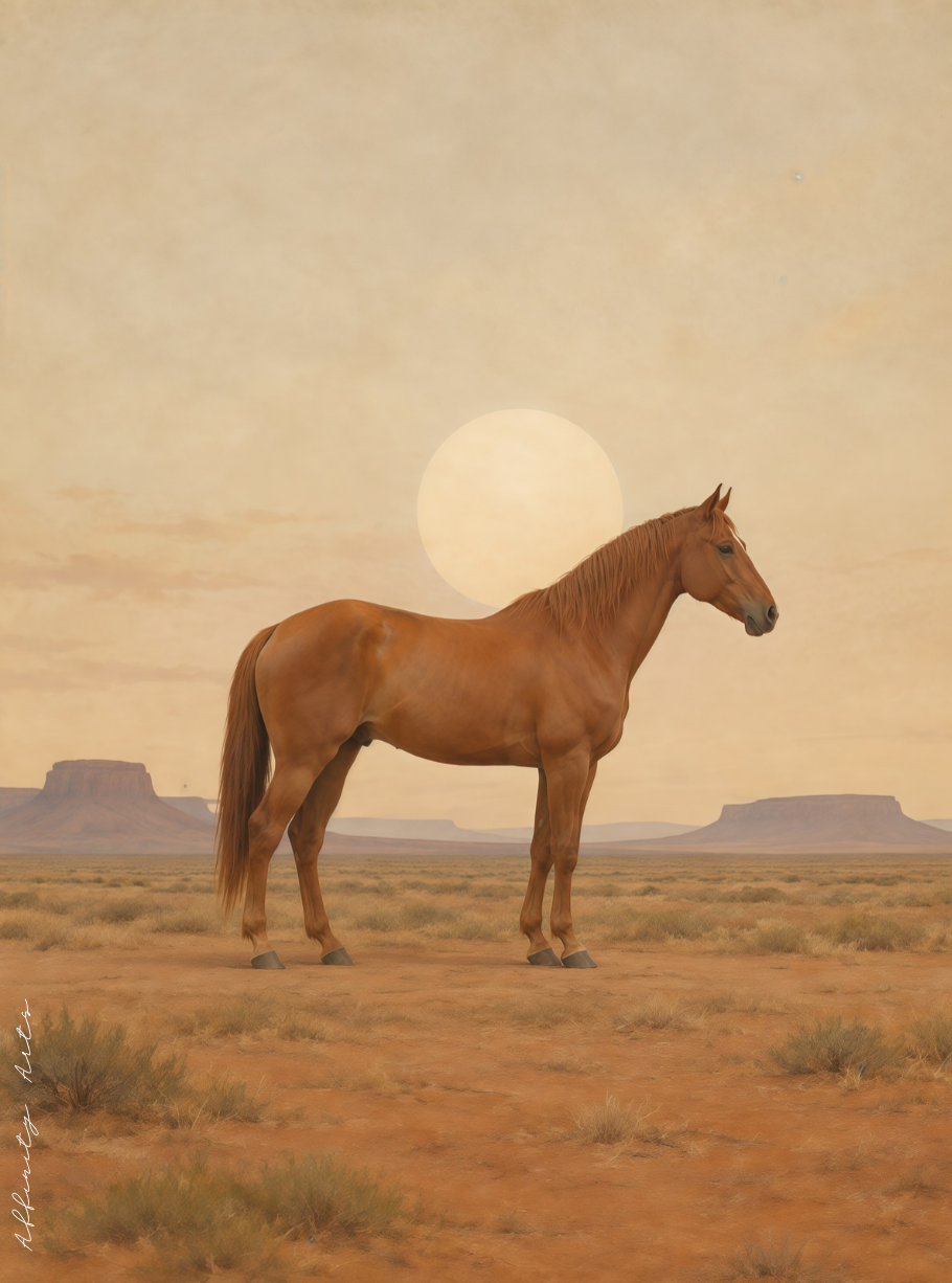 Close-up of the horse's head, mane, and the pale sun disc behind its neck