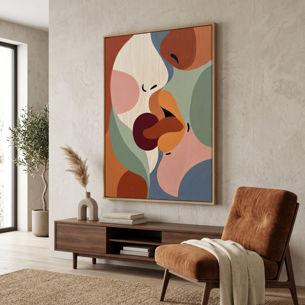 Abstract Couple Kiss Print – Romantic Boho Sage Green Terracotta Bedroom Art