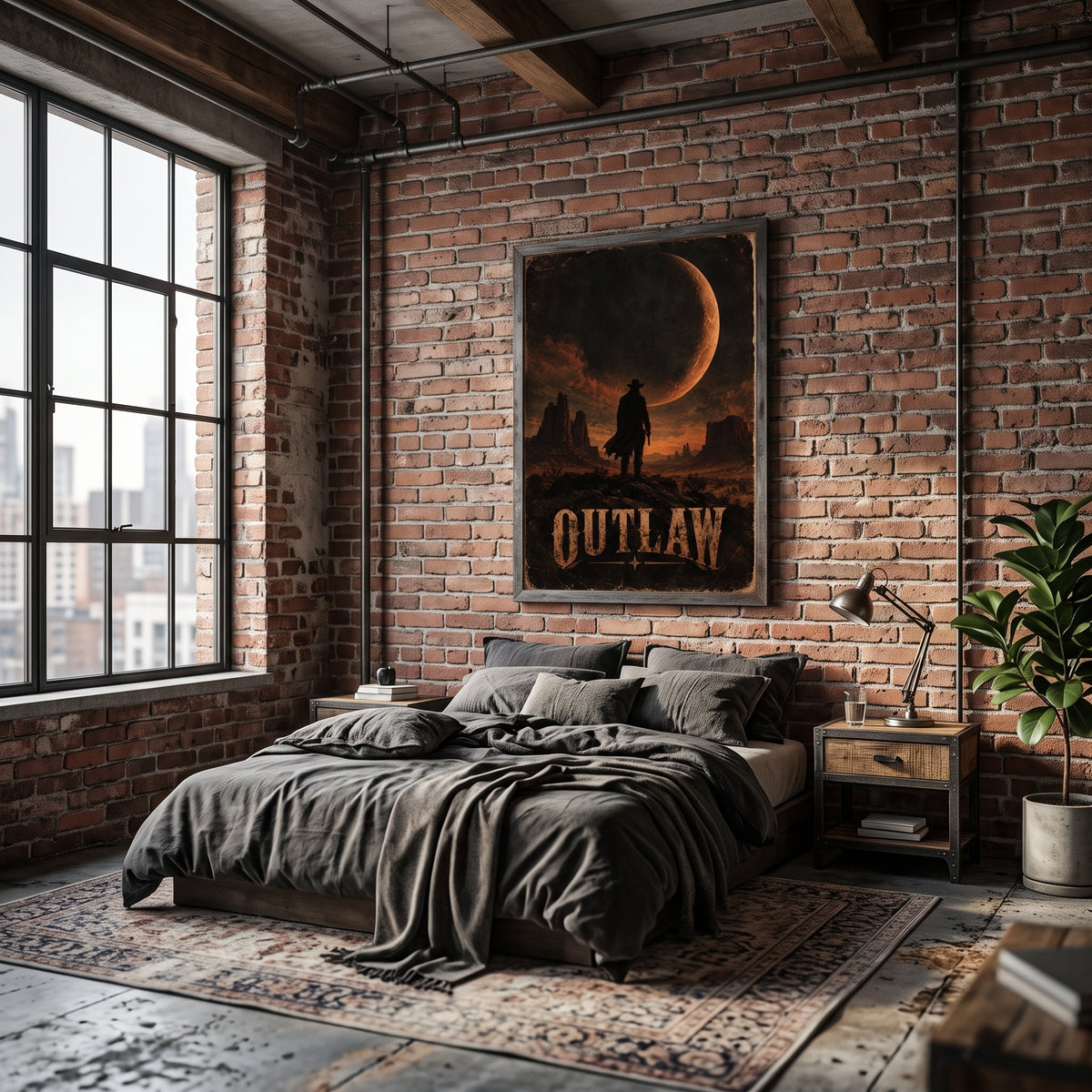 Western home decor poster in a home office with dark walls and black metal accents
