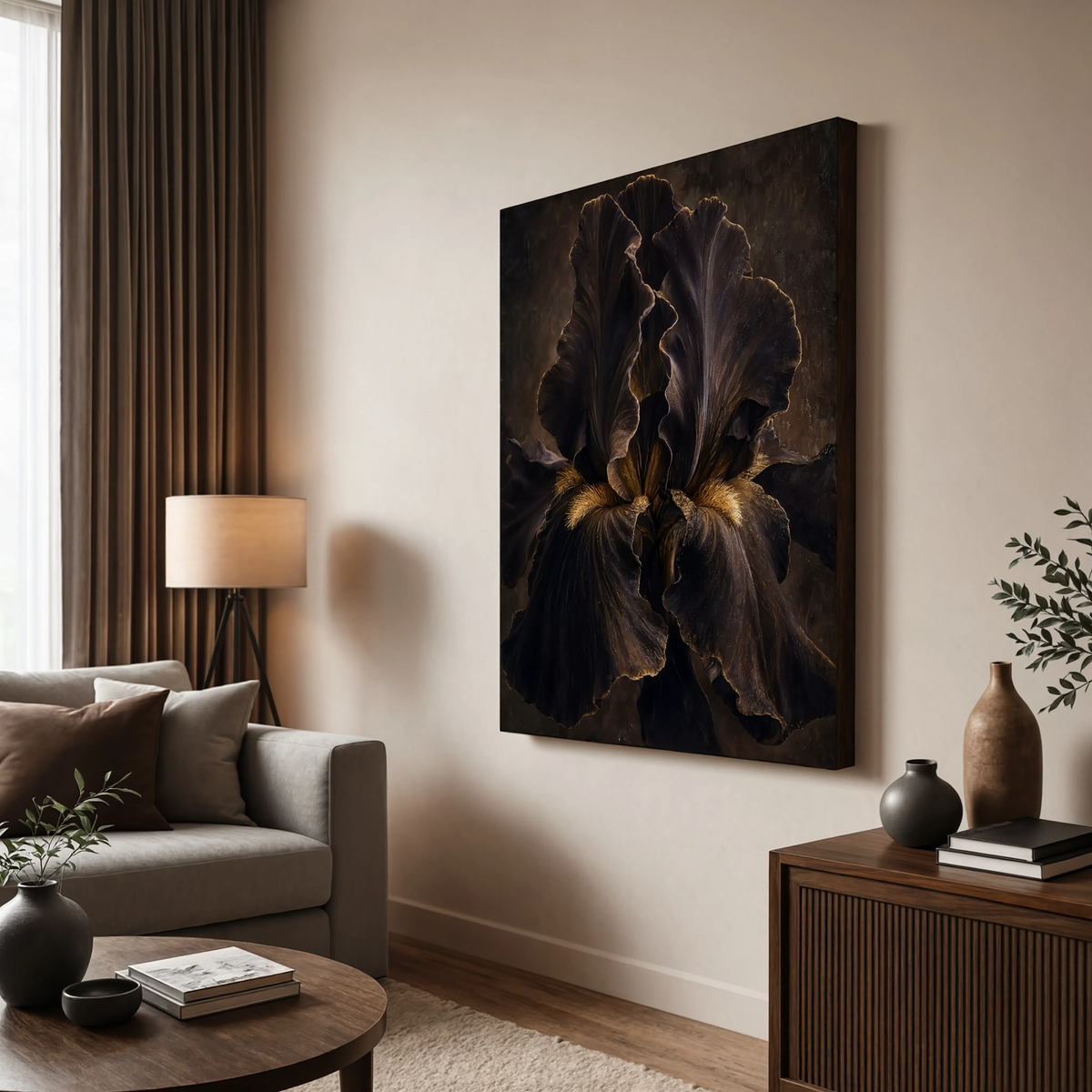 Gallery-wrapped canvas print of a dark velvet iris flower