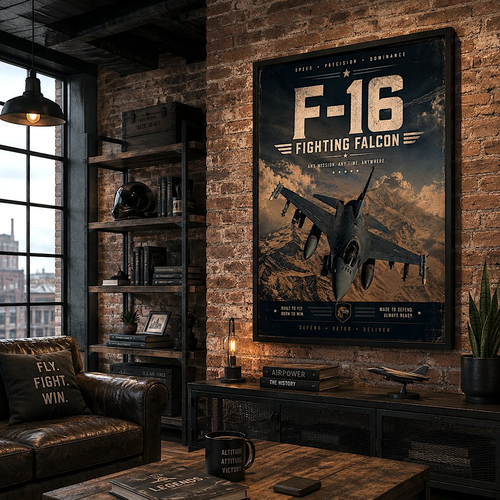 F-16 Fighting Falcon fighter jet poster - vintage military aviation wall art print for office or veteran gift