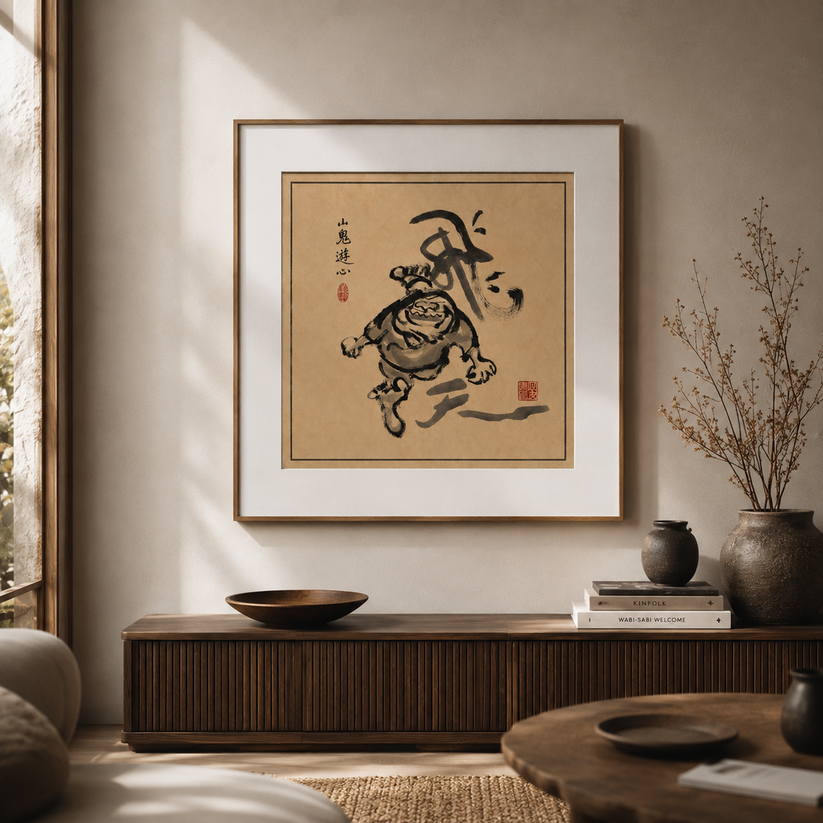 Japandi wall art print, oni demon and fortune kanji, soft sepia tones for minimalist interiors
